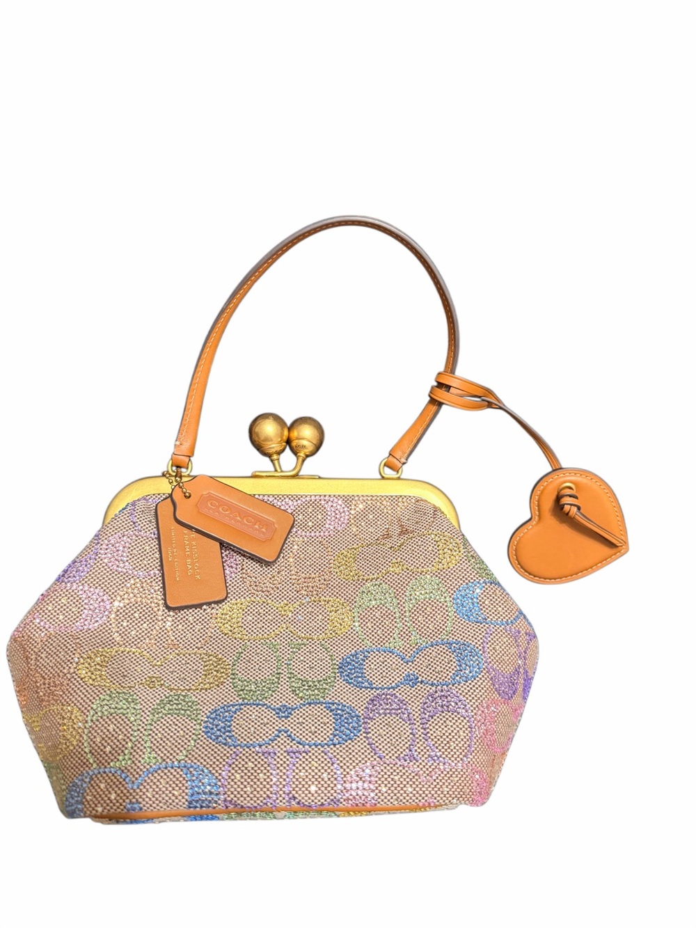 Coach rainbow crystal Signature Kiss-Lock Shoulder Bag with Tan Leather Trim